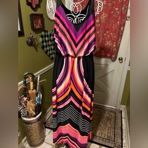 Ashley Atewart Black Pink Purple 70’s Striped V-Neck Maxi Dress 14